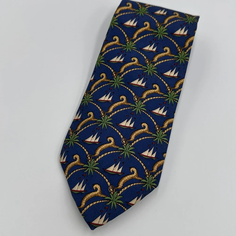 Salvatore Ferragamo Mens Silk Tie Blue Nautical Palm Tree Sailboat Made in Italy